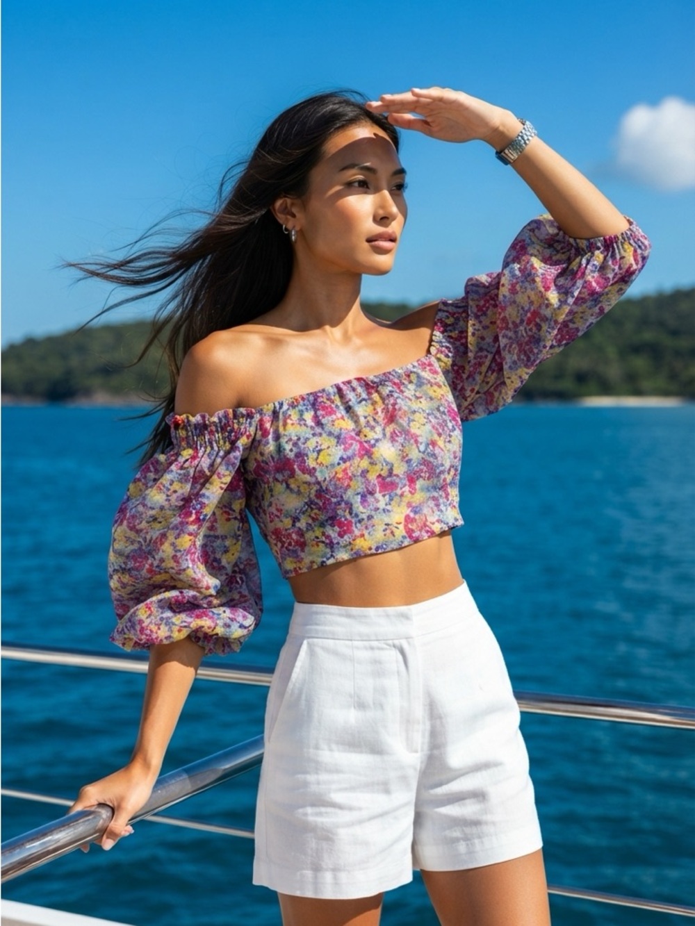 Floral Off-Shoulder Puff-Sleeve Crop Top - Purple Multi